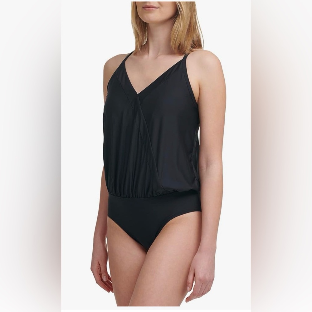 Calvin Klein Women Standard V-Neckline Blouson Wrap Shelf Bra One Piece Swimsuit